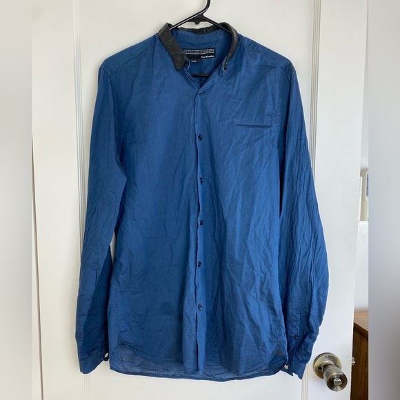 The Kooples Other - THE KOOPLES Men’s Leather Collar Blue Button Up Long Sleeve Fitted Shirt Medium